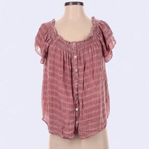 Pink plaid blouse with ruffled neckline
